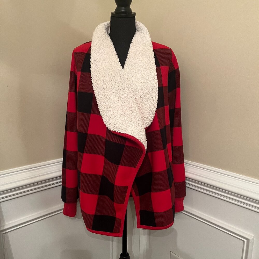 Abercrombie Red & Black Plaid Open Front Sherpa Cardigan M